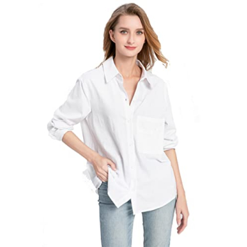 Minibee Women's Casual Cotton Linen Blouse Plus Size High Low Shirt Long Sleeve Tops White