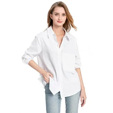 Minibee Women's Casual Cotton Linen Blouse Plus Size High Low Shirt Long Sleeve Tops White