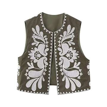 Women Vintage Embroidered Vest Y2k Sleeveless Open Front Linen Top Floral Crochet Flower Cardigan Fashion Vest Top (A-Army Green, XS)