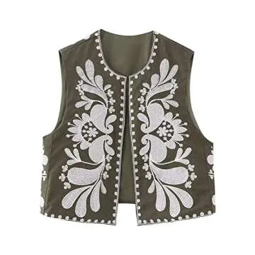 Women Vintage Embroidered Vest Y2k Sleeveless Open Front Linen Top Floral Crochet Flower Cardigan Fashion Vest Top (A-Army Green, XS)