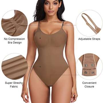 EUYZOU Bodysuit for Women Tummy Control Shapewear Seamless Thong Sculpting Body Shaper, Coffee M/L