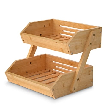 2 Tier Fruit Basket for Kitchen- Bamboo Fruit and Vegetable Storage Bowl Stand for Kitchen Counterto...