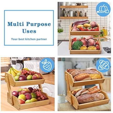 2 Tier Bamboo Fruit Basket for Kitchen Counter Organization
