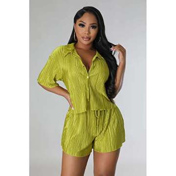 Hoefirm Brunch Outfits for Women Green 2 Piece Outfits Cute Y2k Clothing Casual Short Sleeve Button ...