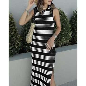 BTFBM Women's Sleeveless Summer Dresses 2024 Crew Neck Casual Sundress Hollow Out Side Slit Bodycon Knit Long Tank Dress(Striped Black, Small)