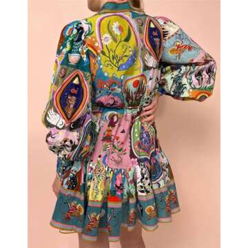 Qikaka Women's Long Puff Sleeve Turtleneck Printed Button Bodycon Sexy Nightclub Party Blouse Dress Small