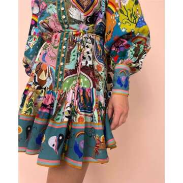 Qikaka Women's Long Puff Sleeve Turtleneck Printed Button Bodycon Sexy Nightclub Party Blouse Dress Small