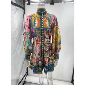 Qikaka Women's Long Puff Sleeve Turtleneck Printed Button Bodycon Sexy Nightclub Party Blouse Dress Small