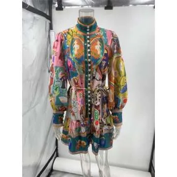 Qikaka Women's Long Puff Sleeve Turtleneck Printed Button Bodycon Sexy Nightclub Party Blouse Dress Small