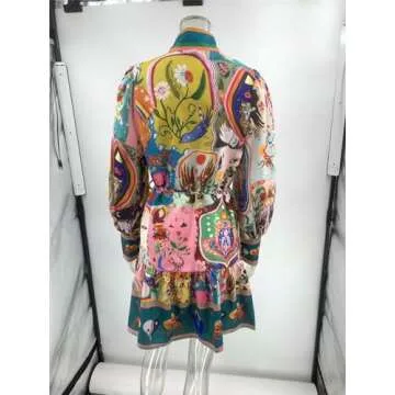 Qikaka Women's Long Puff Sleeve Turtleneck Printed Button Bodycon Sexy Nightclub Party Blouse Dress Small