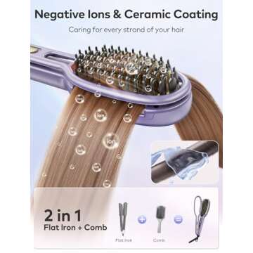 Llano Hair Straightener Brush, Upgraded Ionic Hair Straightener and Curler 2 in 1 with Holder Clamp, Anti-Frizz, Anti-Scald Ceramic Straightening Brush for All Hair Types (Purple)