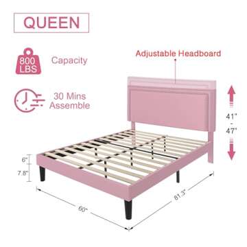 VECELO Queen Size Platform Bed Frame with Height Adjustable Upholstered Headboard, Modern Mattress F...