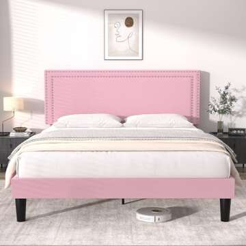 VECELO Queen Size Platform Bed Frame with Height Adjustable Upholstered Headboard, Modern Mattress Foundation,Strong Wood Slat Support, No Box Spring Needed, Easy Assembly