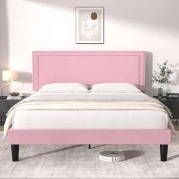 VECELO Queen Size Platform Bed Frame with Height Adjustable Upholstered Headboard, Modern Mattress Foundation,Strong Wood Slat Support, No Box Spring Needed, Easy Assembly