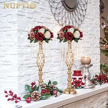 NUPTIO Artificial Flower Centrepieces for Tables - 2 Pcs Burgundy & Dusty Rose & Creamy White Fake Flowers Roses Balls 9.5in Diameter - Silk Faux Rose Arrangement for Wedding Party Table Decor