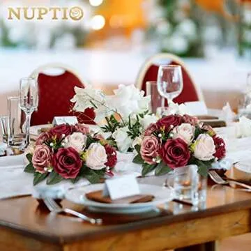 NUPTIO Artificial Flower Centrepieces for Tables - 2 Pcs Burgundy & Dusty Rose & Creamy White Fake Flowers Roses Balls 9.5in Diameter - Silk Faux Rose Arrangement for Wedding Party Table Decor