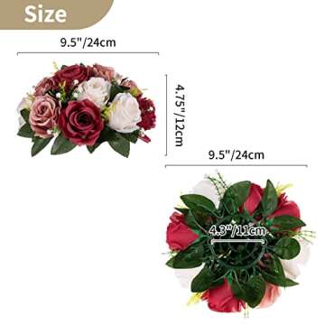 NUPTIO Artificial Flower Centrepieces for Tables - 2 Pcs Burgundy & Dusty Rose & Creamy White Fake Flowers Roses Balls 9.5in Diameter - Silk Faux Rose Arrangement for Wedding Party Table Decor