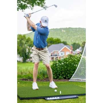 Commercial Golf Mat - 5x5 Feet Premium Turf Indoor/Outdoor Golf Mat. Bonus Ball Tray + 3 Rubber Golf Tees (30mm)