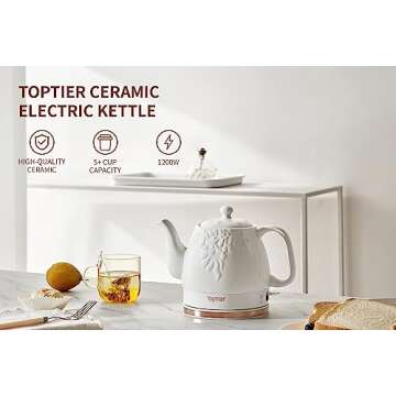 Toptier Electric Ceramic Tea Kettle: Fast Boil, Cordless Design, Safe & Stylish