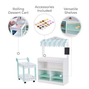 Teamson Kids My Dream Bakery Shop Dessert Stand and Rolling Pastry Cart Interactive Wooden Play Set with 18 Pretend Baked Goods, White and Mint Green with Gray Polka Dot Accents