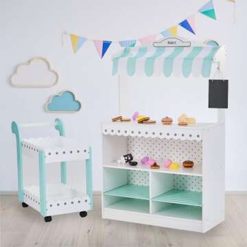 Teamson Kids My Dream Bakery Shop Dessert Stand and Rolling Pastry Cart Interactive Wooden Play Set with 18 Pretend Baked Goods, White and Mint Green with Gray Polka Dot Accents