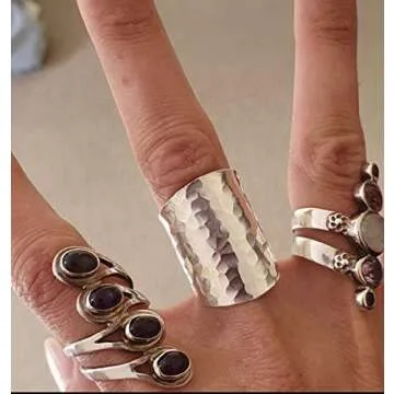 Hammered Shiny Handmade Sterling Silver Large Long Boho Statement Ring, Wide Band Wrap Adjustable to Sizes 6-12,Also as Thumb Ring, Gift for Her