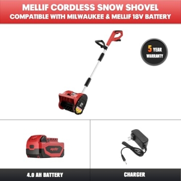 Mellif Brushless Snow Shovel Compatible with Milwaukee 18v Battery, Comes with 18V 4.0Ah Battery & Charger Kit, 12in. Clear Width, 6in. Clear Depth, 17ft. Throw Distance, Heavy-Duty, Cordless (Red)