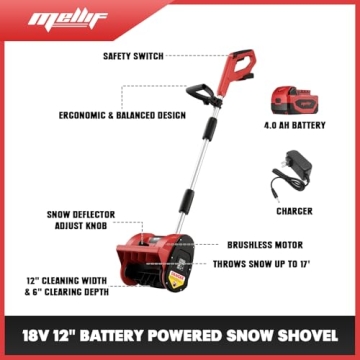 Mellif Brushless Snow Shovel Compatible with Milwaukee 18v Battery, Comes with 18V 4.0Ah Battery & Charger Kit, 12in. Clear Width, 6in. Clear Depth, 17ft. Throw Distance, Heavy-Duty, Cordless (Red)
