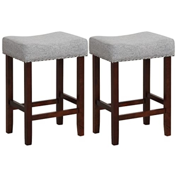 Giantex 25" Counter Height Bar Stools Set of 2 - Backless Saddle Barstools with Nailhead Linen Foam ...