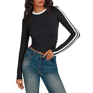 Trendy Queen Long Sleeve Workout Tops for Women Y2K Fitted Athletic Gym Shirt Fashion Color Block Cr...