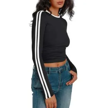 Trendy Queen Long Sleeve Workout Tops for Women Y2K Fitted Athletic Gym Shirt Fashion Color Block Crop Fall Outfits Black S