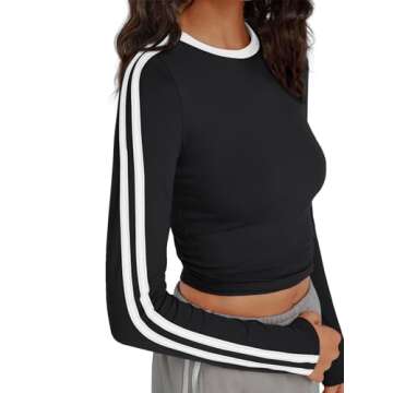 Trendy Queen Long Sleeve Workout Tops for Women Y2K Fitted Athletic Gym Shirt Fashion Color Block Crop Fall Outfits Black S