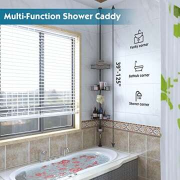 Rustproof Shower Caddy for Bathroom, Bathtub Storage Organizer with 4 Adjustable Baskets, 39-125 Inch Shower Corner Caddy with Tension Pole for Shampoo Accessories, Black