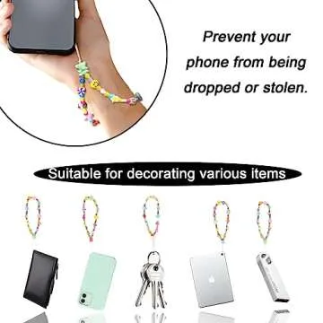 BlingKingdom Colourful Phone Accessories Charm String Beads Lanyard iPhone Wrist Strap Anti-Lost Phone Chain Smiley Face Evil Eye Flower Fruit Star Beaded Mobile Phone Charms Bracelet Phone Keychain