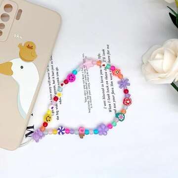 BlingKingdom Colourful Phone Accessories Charm String Beads Lanyard iPhone Wrist Strap Anti-Lost Phone Chain Smiley Face Evil Eye Flower Fruit Star Beaded Mobile Phone Charms Bracelet Phone Keychain