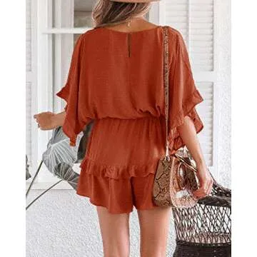 Valphsio Womens V Neck Beach Romper Ruffle Layered Drawstring Waisted Shorts Jumpsuit
