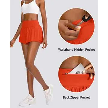 Flowy Running Shorts for Women with 4 Pockets 2 in 1 High Waisted Women's Butterfly Workout Athletic Tennis Skirt Shorts (Orange, M)