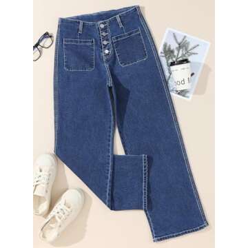 Sidefeel Women's Wide Leg Jeans High Waisted Stretchy Zimbaplatinum Straight Leg Jeans Buttoned Loose Denim Pants with Pocket Sail Blue Size 12 Long