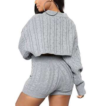 Cosygal Women's Casual Knit 2 Piece Outfit Long Sleeve Sweater Pullover Crop Top and Shorts Jumpsuit Dress Set Gray Large