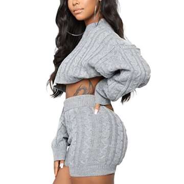 Cosygal Women's Casual Knit 2 Piece Outfit Long Sleeve Sweater Pullover Crop Top and Shorts Jumpsuit Dress Set Gray Large