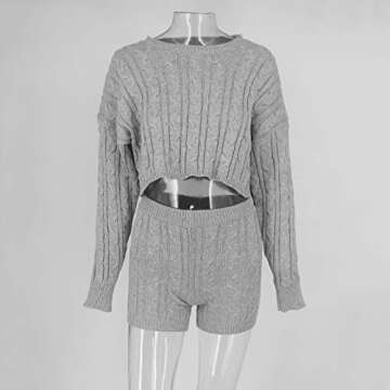 Cosygal Women's Casual Knit 2 Piece Outfit Long Sleeve Sweater Pullover Crop Top and Shorts Jumpsuit Dress Set Gray Large