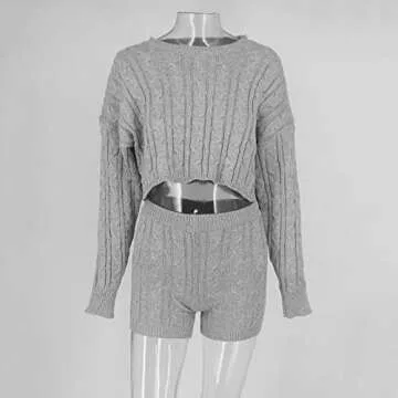 Cosygal Women's Casual Knit 2 Piece Outfit Long Sleeve Sweater Pullover Crop Top and Shorts Jumpsuit Dress Set Gray Large