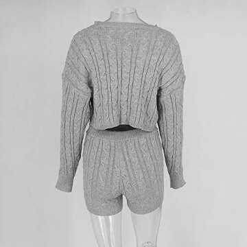 Cosygal Women's Casual Knit 2 Piece Outfit Long Sleeve Sweater Pullover Crop Top and Shorts Jumpsuit Dress Set Gray Large