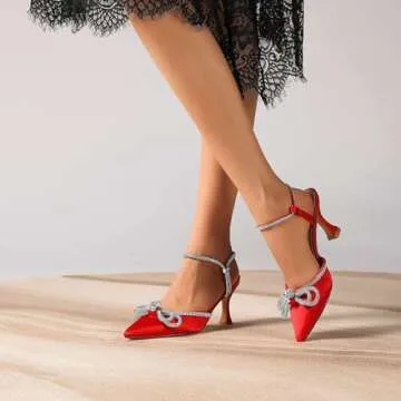 Susanny Red Sparkly Heels for Women Sexy High Heels with Bow Rhinestone Wedding Pointy Toe Backless Pumps Ankle Strap Kitten Heels Dress Heeled Sandals 9