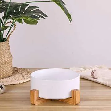 White Ceramic Dog Bowls with Wood Stand, Dog Water Bowls and Food Dish, Heavy Weighted or No Tip Over Dog Comfort Food Bowls, Stoneware Pet Bowl,Extra High Capacity 8.4" Diameter, for Large Dogs