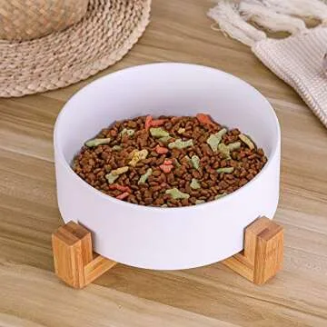 White Ceramic Dog Bowls with Wood Stand, Dog Water Bowls and Food Dish, Heavy Weighted or No Tip Over Dog Comfort Food Bowls, Stoneware Pet Bowl,Extra High Capacity 8.4" Diameter, for Large Dogs