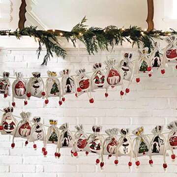 Christmas Advent Calendar Hanging Burlap Advent Calendars Gift Pouches 24 Day Countdown Calendar Decorative Chain Candy Storage Bags DIY Christmas Decorations Garland Home Door Wall Hang Ornaments