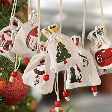 Christmas Advent Calendar Hanging Burlap Advent Calendars Gift Pouches 24 Day Countdown Calendar Decorative Chain Candy Storage Bags DIY Christmas Decorations Garland Home Door Wall Hang Ornaments