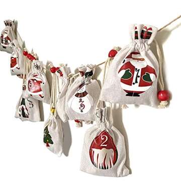 Christmas Advent Calendar Hanging Burlap Advent Calendars Gift Pouches 24 Day Countdown Calendar Decorative Chain Candy Storage Bags DIY Christmas Decorations Garland Home Door Wall Hang Ornaments