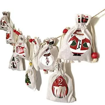 Christmas Advent Calendar Hanging Burlap Advent Calendars Gift Pouches 24 Day Countdown Calendar Decorative Chain Candy Storage Bags DIY Christmas Decorations Garland Home Door Wall Hang Ornaments